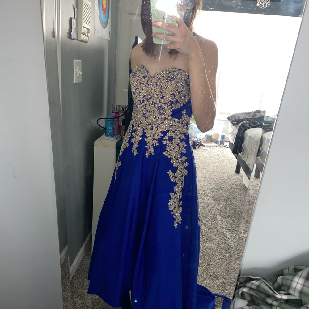 Brand new never worn royal blue high to low prom dress